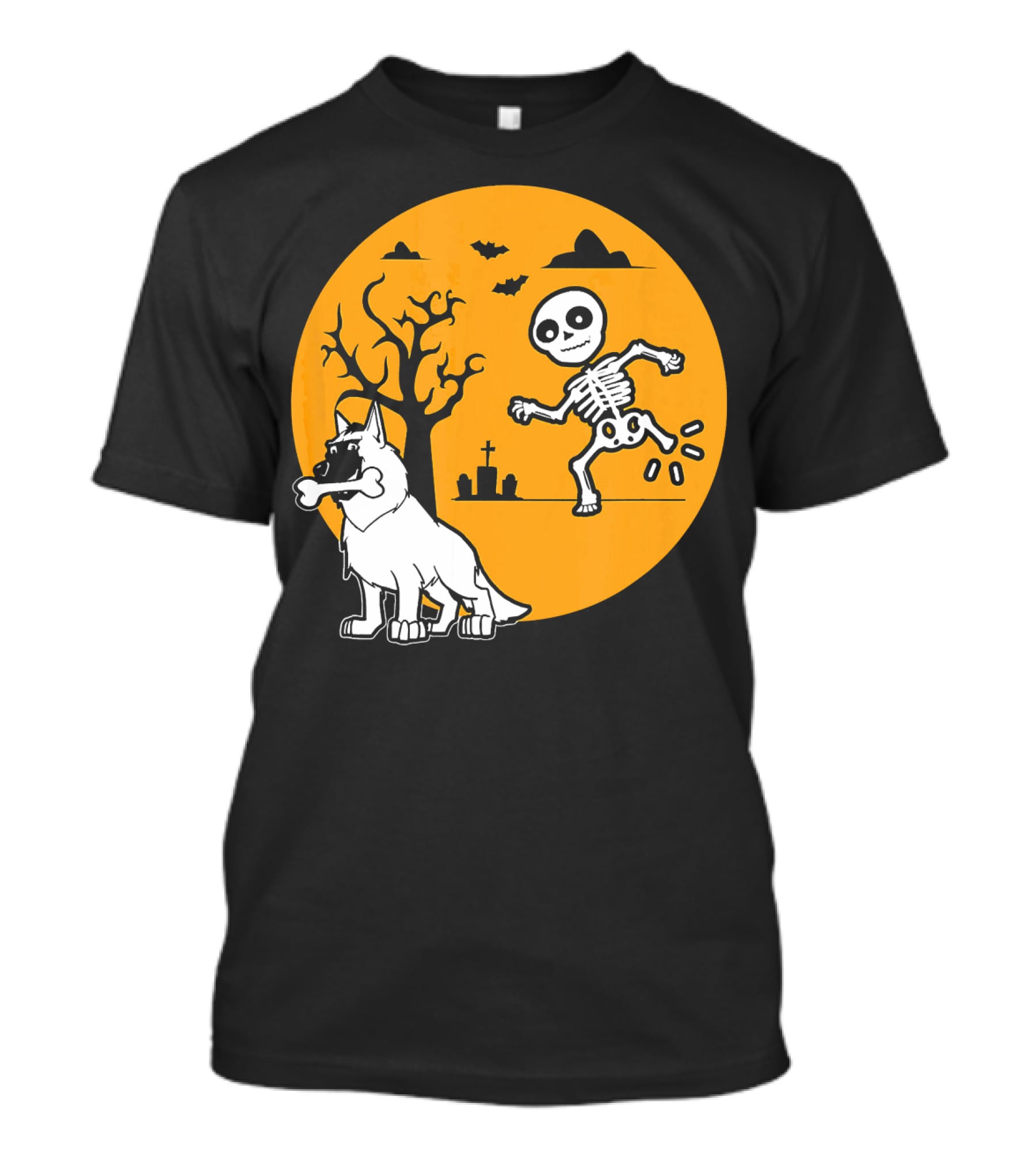 Belgian Malinois Skeleton Bone Halloween Moon Graveyard Scene T-Shirt