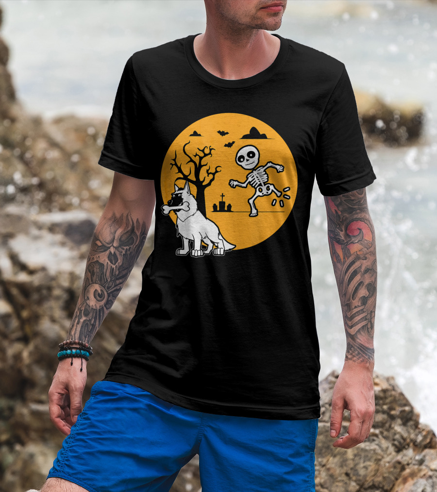 Belgian Malinois Skeleton Bone Halloween Moon Graveyard Scene T-Shirt