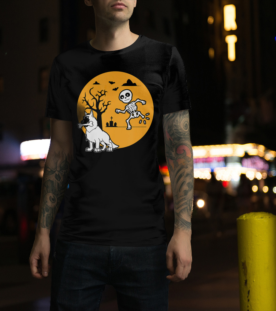 Belgian Malinois Skeleton Bone Halloween Moon Graveyard Scene T-Shirt