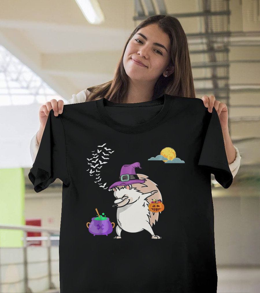 Dabbing Hedgehog Witch Halloween Costume With Cauldron Moon And Pumpkin Candy Bucket T-Shirt