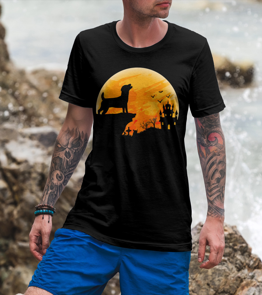 Halloween Costume Jack Russell Terrier Moonlit Haunted Castle Scene T-Shirt