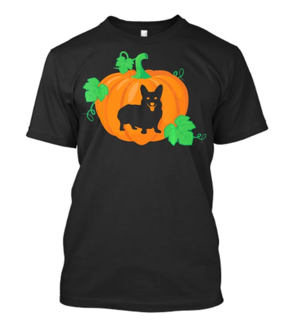 Corgi Dog Pumpkin Halloween Silhouette With Leaves T-Shirt