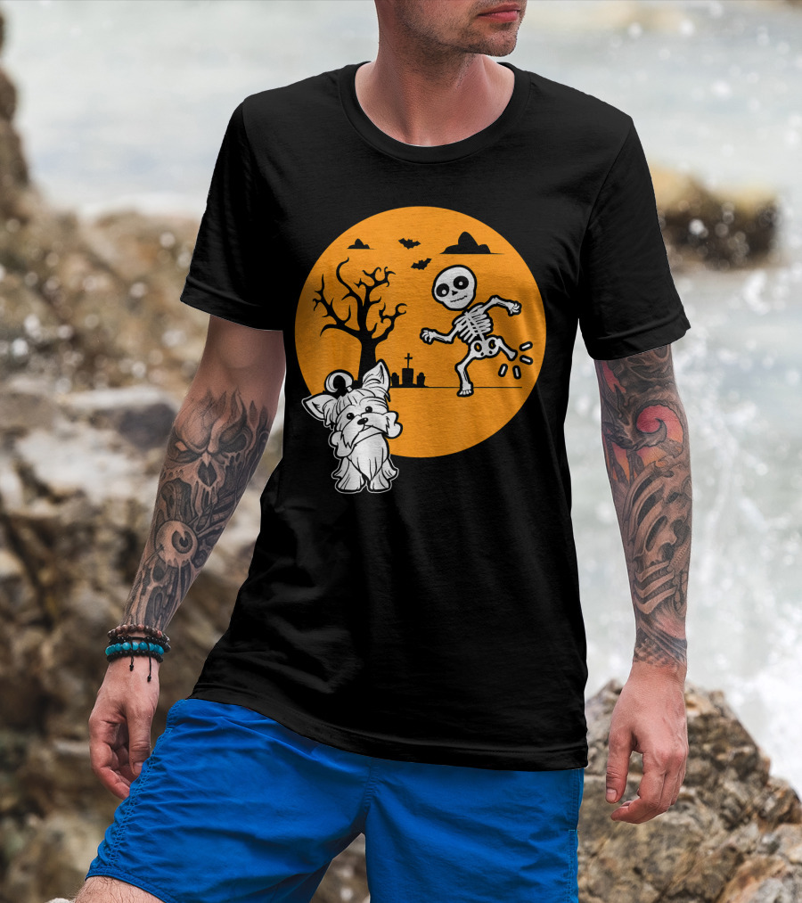 Yorkshire Terrier Halloween Costume Skeleton Dance Moon Bat Graveyard T-Shirt