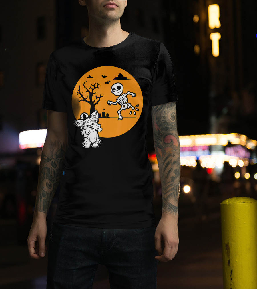 Yorkshire Terrier Halloween Costume Skeleton Dance Moon Bat Graveyard T-Shirt