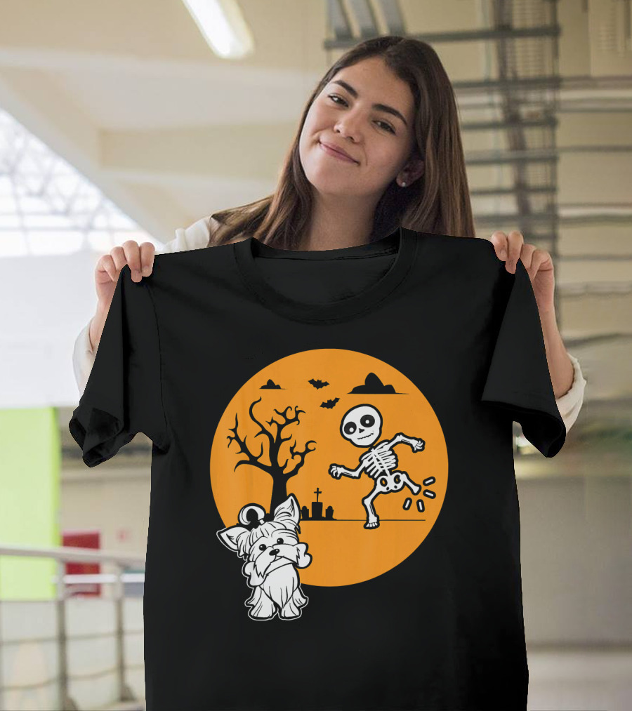 Yorkshire Terrier Halloween Costume Skeleton Dance Moon Bat Graveyard T-Shirt