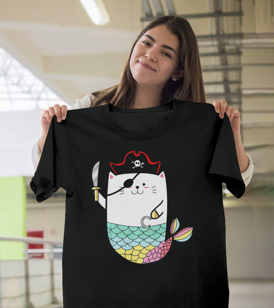 Halloween Mermaid Pirate Cat with Eye Patch and Sword T-Shirt