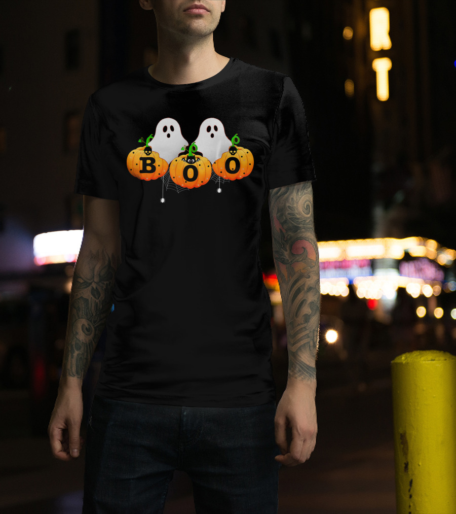 Boo Halloween Ghosts With Spiders And Pumpkins T-Shirt