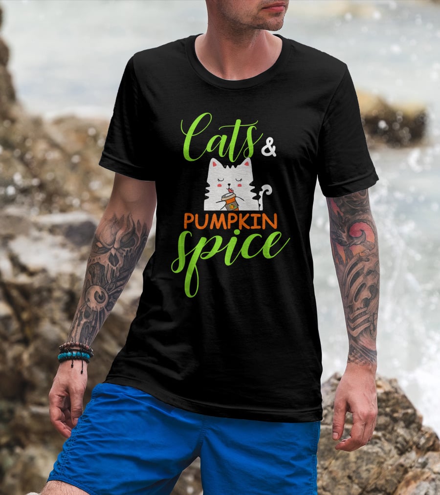 Cats And Pumpkin Spice Fall Autumn Cozy Cat With Coffee Cup T-Shirt