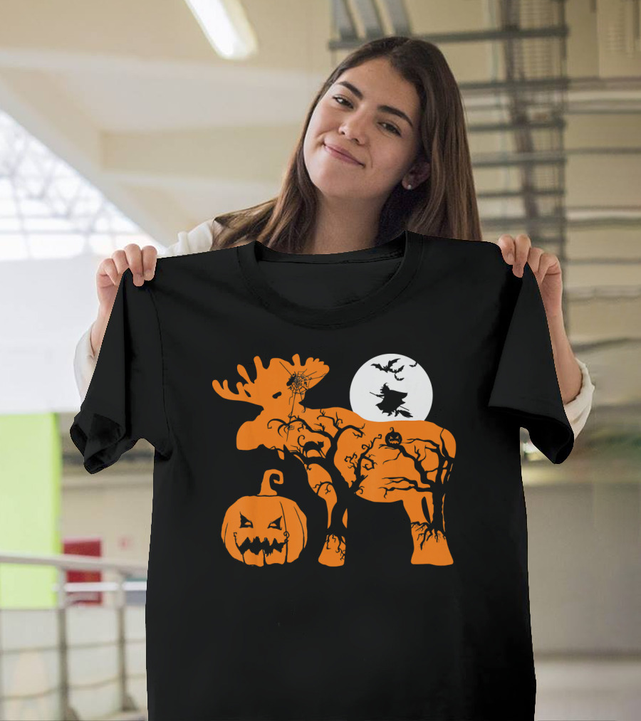 Witch Bat Moon Pumpkin Moose with Spider Web T-Shirt