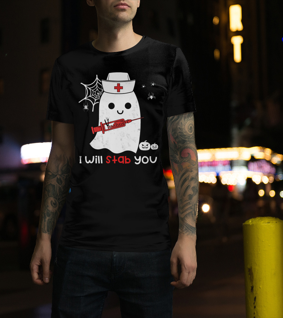 Nurse Ghost I Will Stab You Halloween Spiders Pumpkins T-Shirt