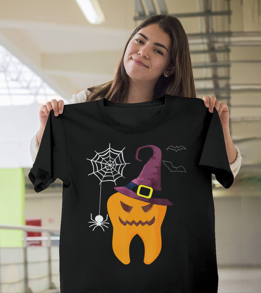 Halloween Dental Witch Dentist Tooth with Spider and Hat T-Shirt