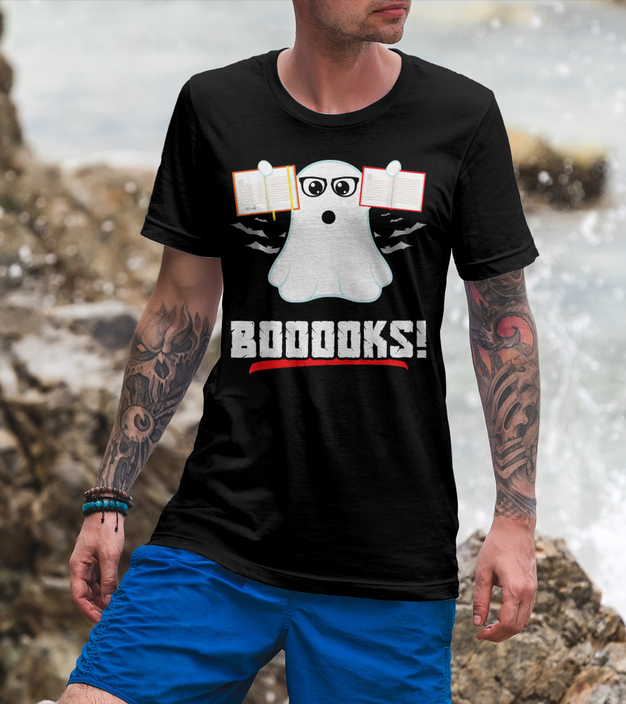 BOOOOKS Boo Ghost Reading Book Lib With Bats And Glasses T-Shirt