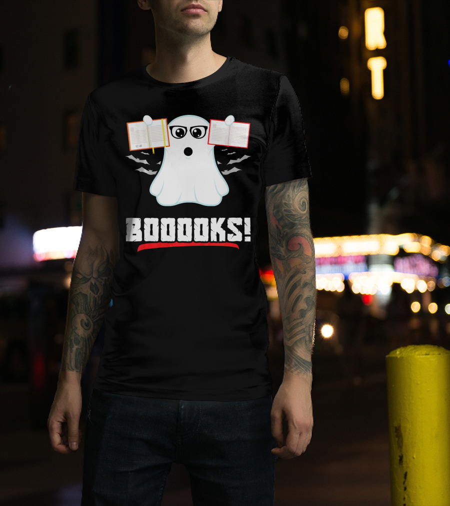 BOOOOKS Boo Ghost Reading Book Lib With Bats And Glasses T-Shirt