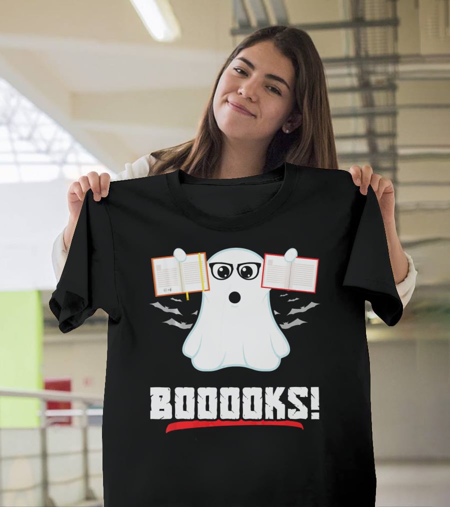 BOOOOKS Boo Ghost Reading Book Lib With Bats And Glasses T-Shirt