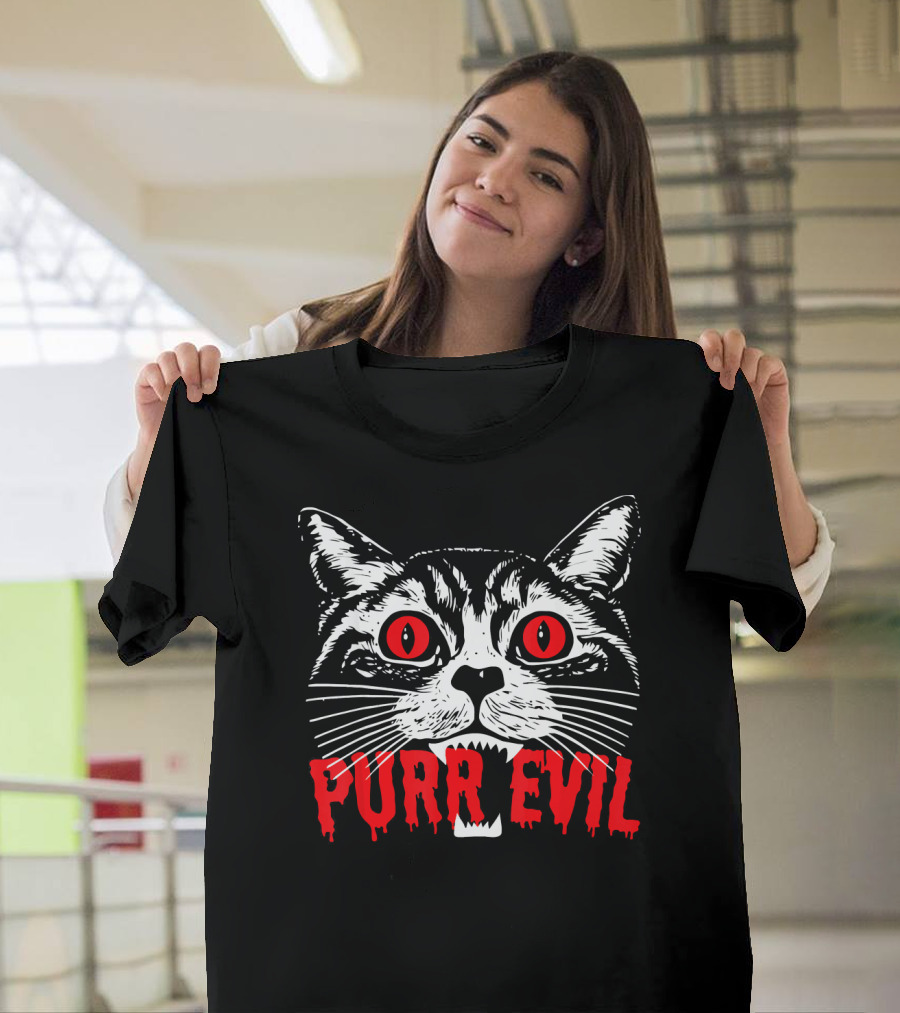 Purr Evil Satanic Cat Red Eyes Halloween T-Shirt