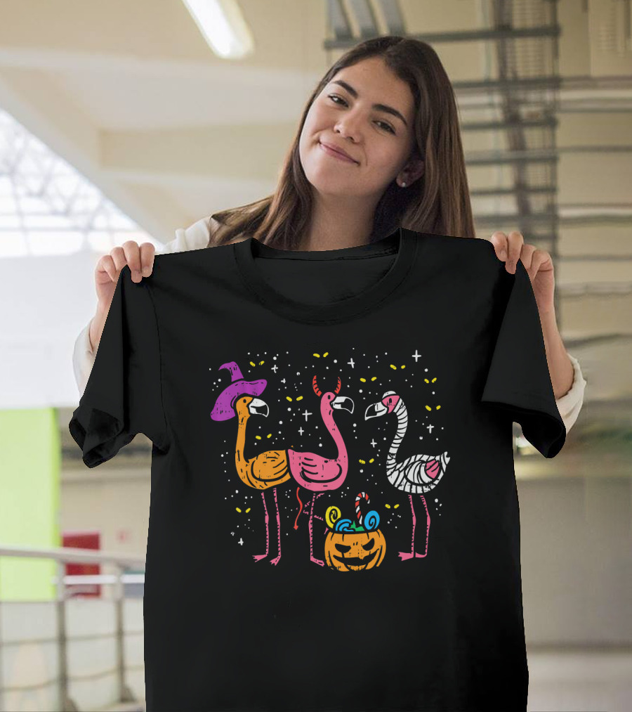 Scary Flamingos Witch Devil Mummy Halloween T-Shirt