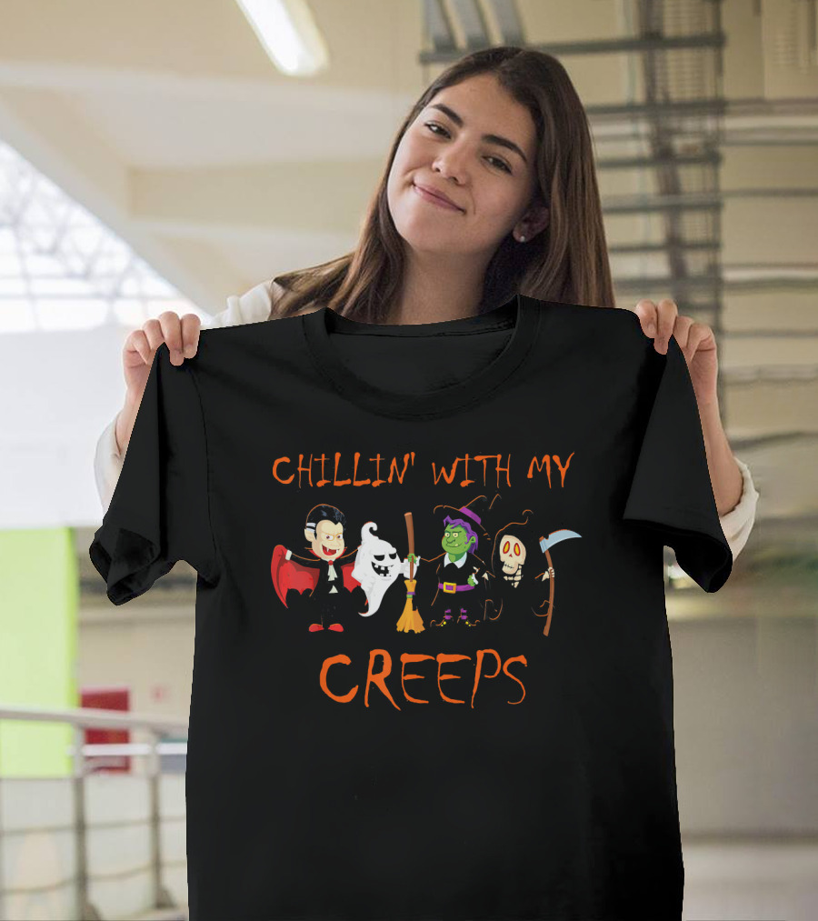 CHILLIN' WITH MY CREEPS Vampire Ghost Witch Scarecrow T-Shirt