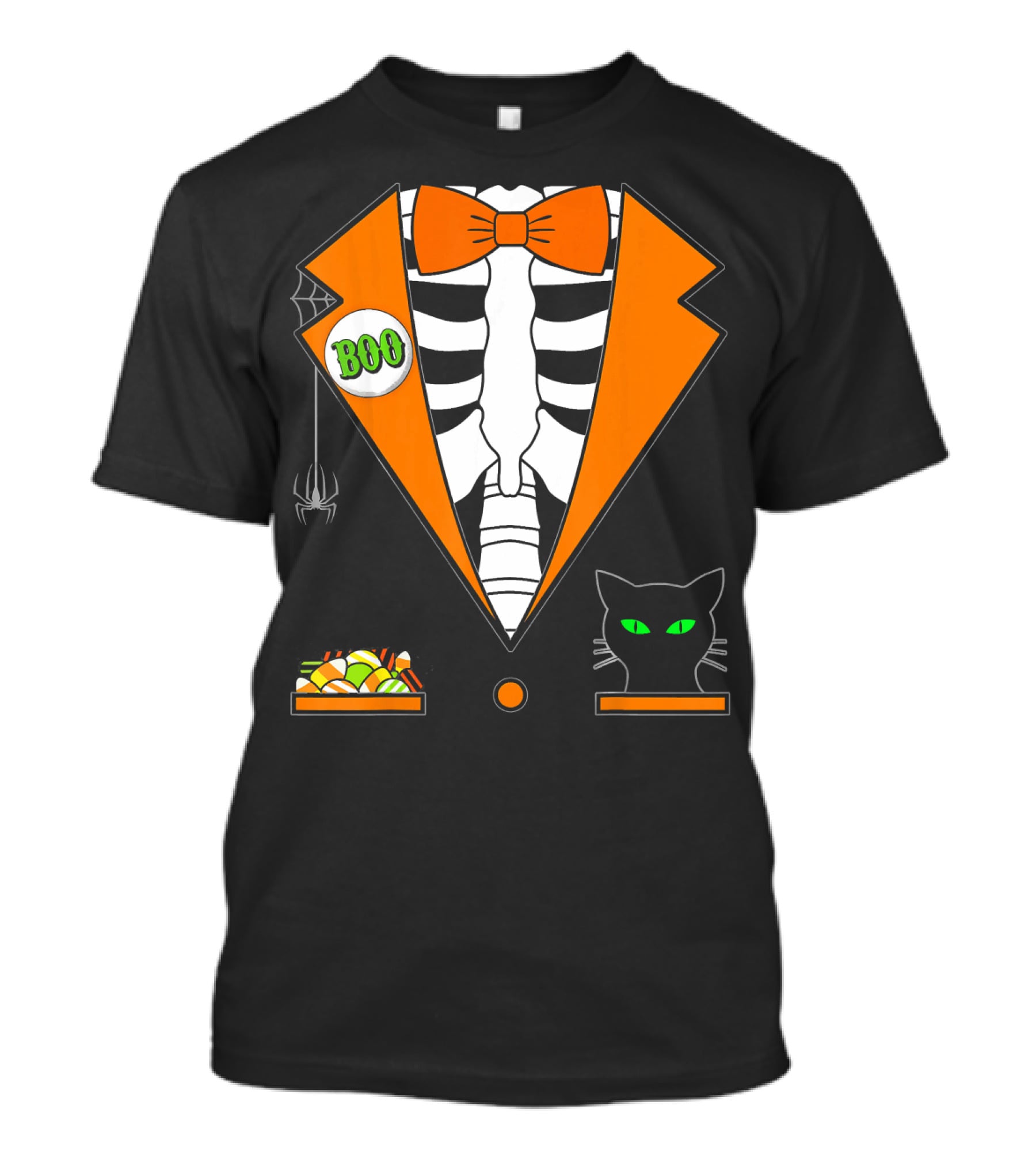 Easy Halloween Costume Orange Skeleton Tuxedo With Candy Bowl And Black Cat T-Shirt