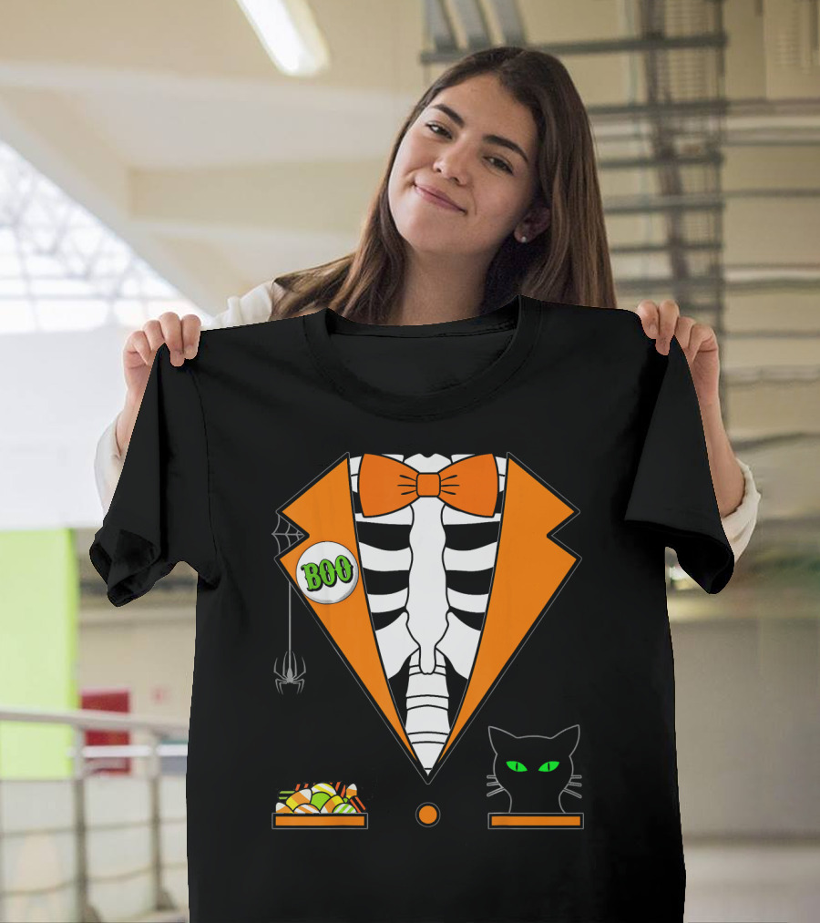 Easy Halloween Costume Orange Skeleton Tuxedo With Candy Bowl And Black Cat T-Shirt