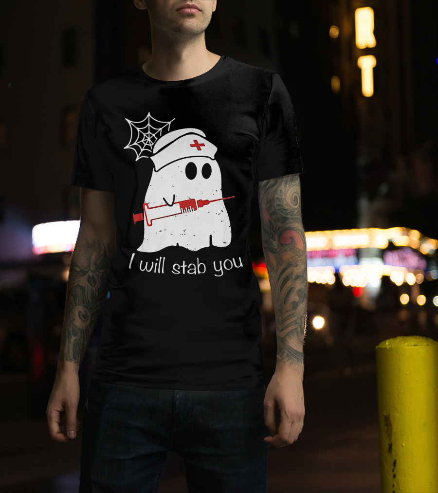 I Will Stab You Ghost Nurse Fun Halloween Syringe Spider Web T-Shirt