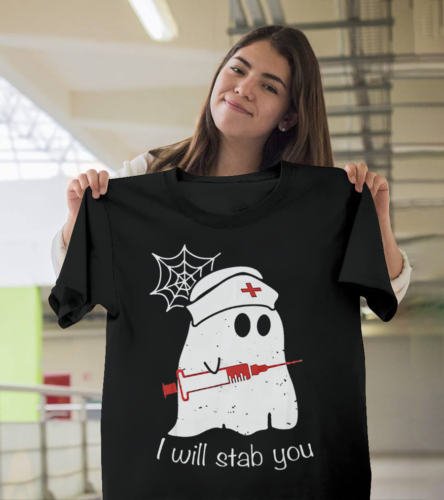 I Will Stab You Ghost Nurse Fun Halloween Syringe Spider Web T-Shirt
