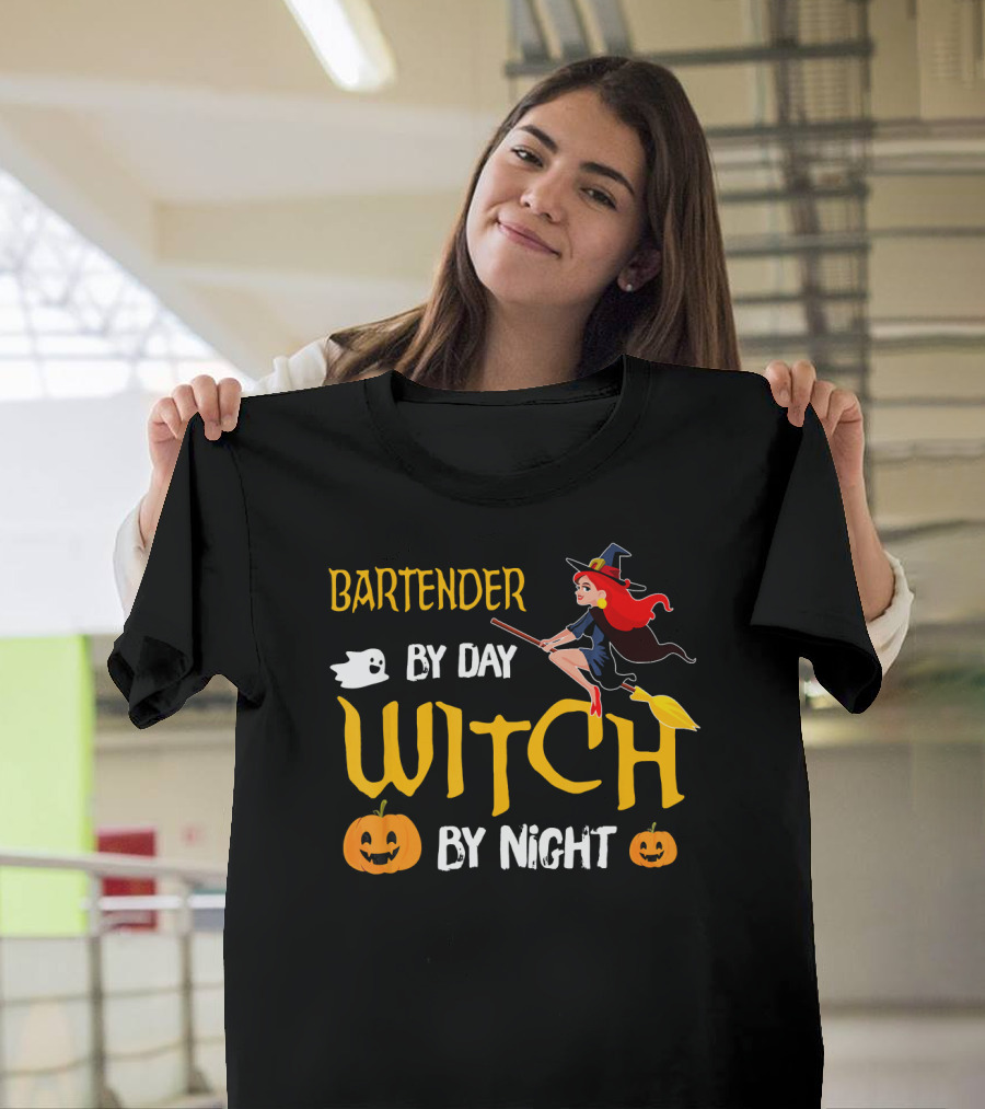 Bartender by Day Witch by Night Halloween Humor T-Shirt