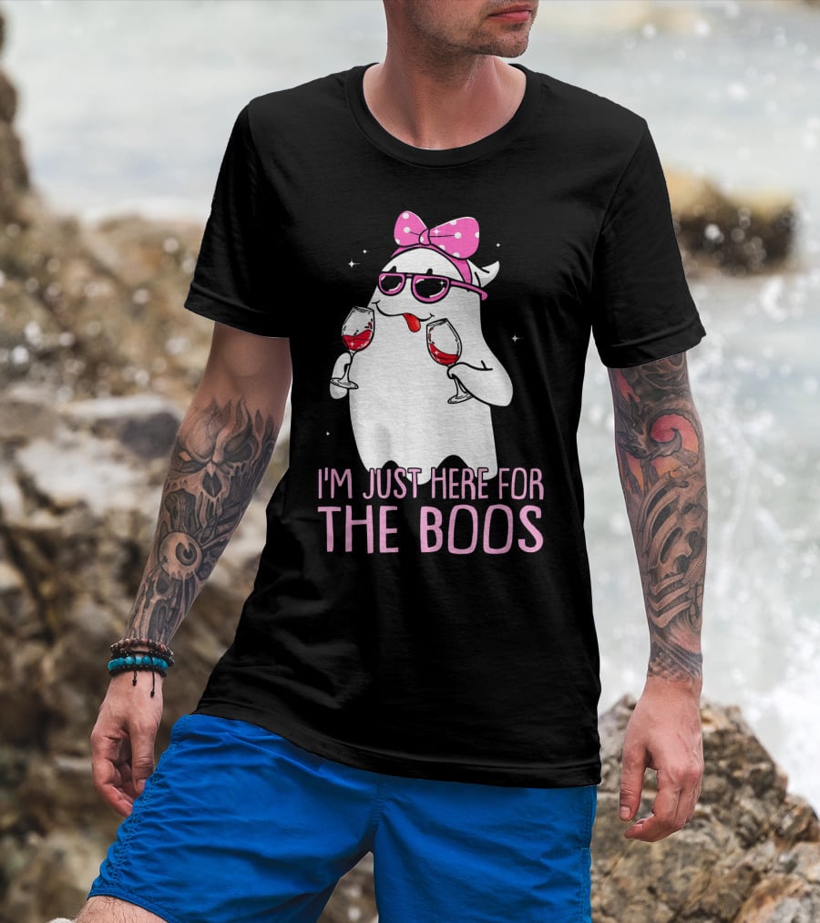 I'm Just Here For The Boos Wine Lover Ghost With Bow And Sunglasses T-Shirt