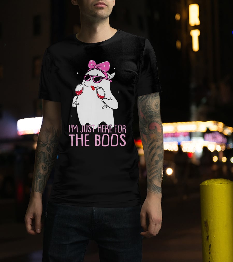 I'm Just Here For The Boos Wine Lover Ghost With Bow And Sunglasses T-Shirt