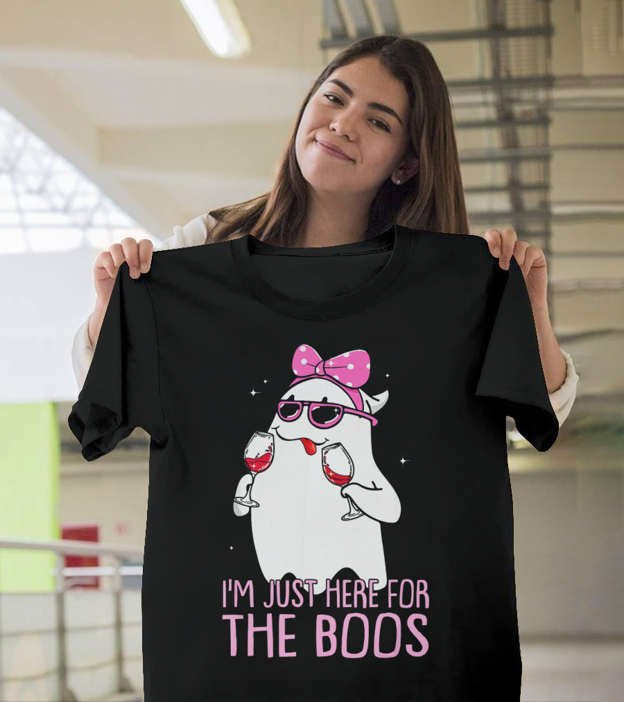 I'm Just Here For The Boos Wine Lover Ghost With Bow And Sunglasses T-Shirt