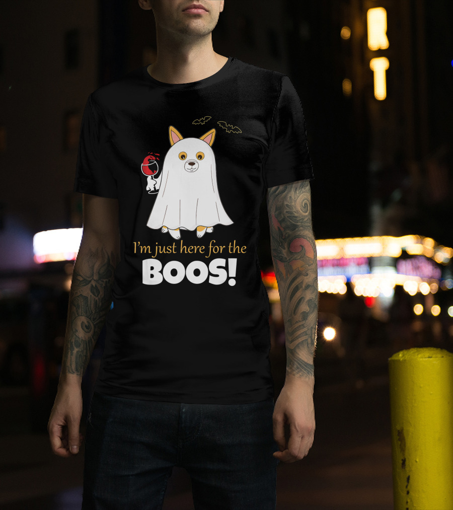 I'm Just Here For The Boos Corgi With Wine And Bat Decorations T-Shirt
