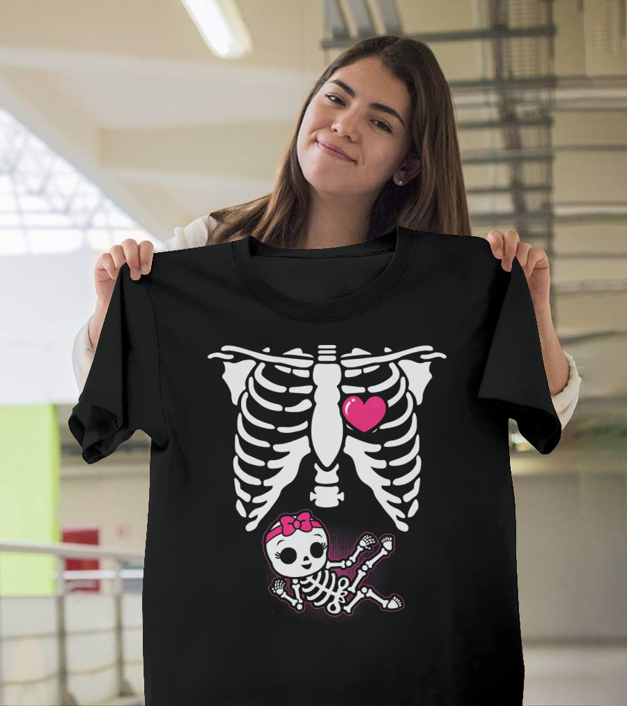 Halloween Skeleton Pregnancy Ribcage with Baby Girl and Heart T-Shirt