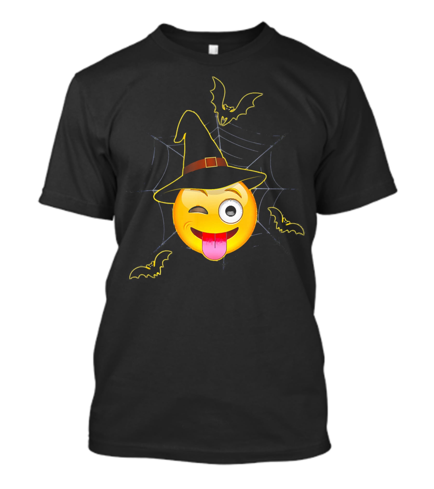 Funny Halloween Witch Emoji Winking Face With Bats And Spider Web T-Shirt