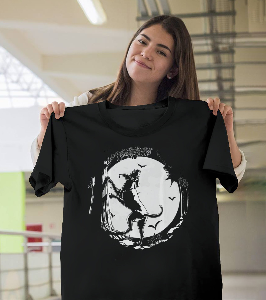 Coonhound Hunting Dog Under Full Moon With Bats And Trees T-Shirt