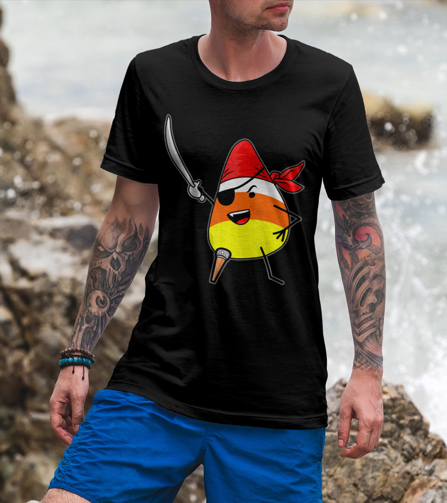 Candy Corn Pirate With Jolly Roger Sword Halloween T-Shirt