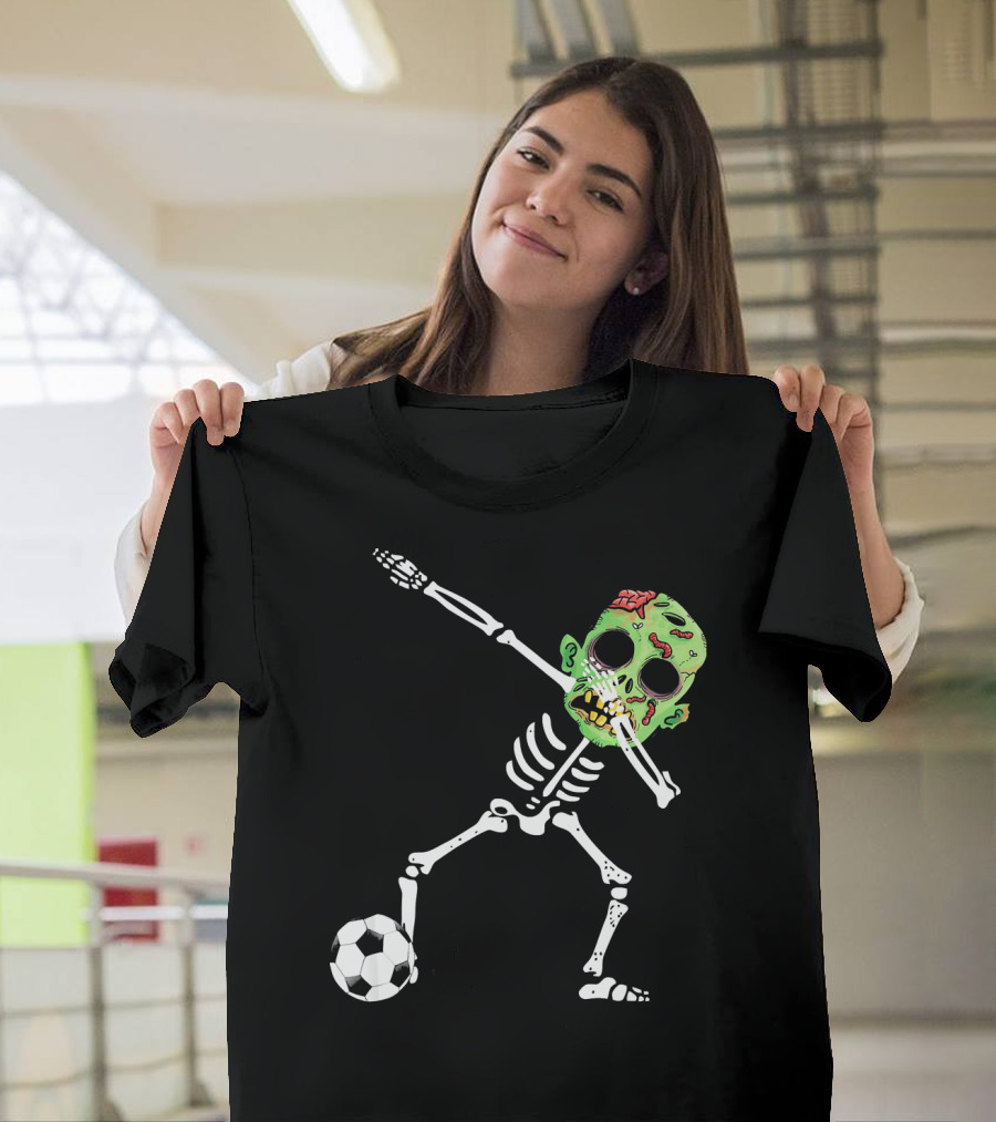 Dabbing Skeleton Soccer Zombie with Green Head T-Shirt