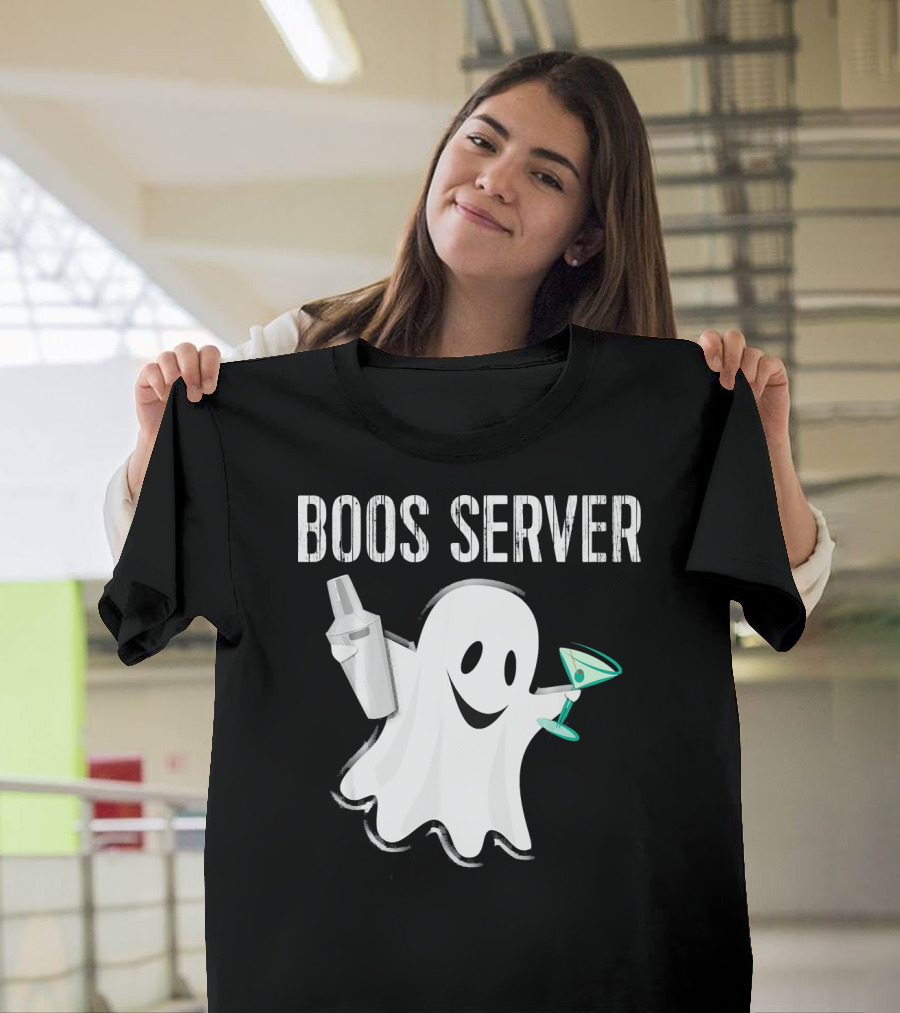 Boos Server Ghost Holding Cocktail Shaker and Martini T-Shirt