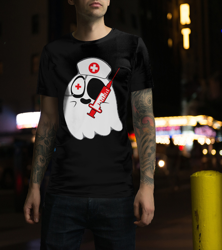 Funny Ghost Nurse Emoji With Syringe Nurse Hat T-Shirt