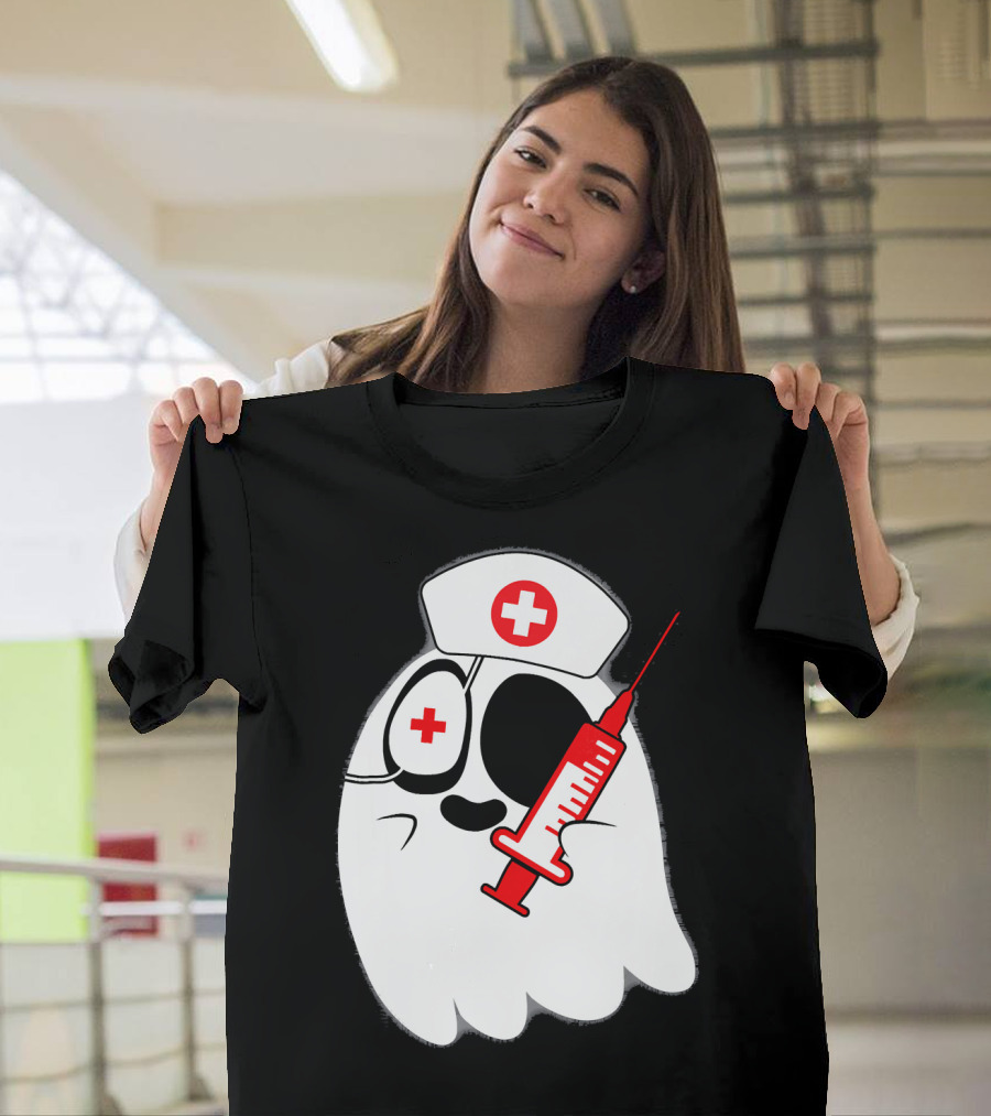 Funny Ghost Nurse Emoji with Syringe Nurse Hat T-Shirt