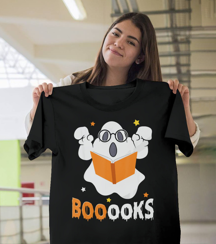 Booooks Ghost with Glasses Holding Orange Book and Stars T-Shirt