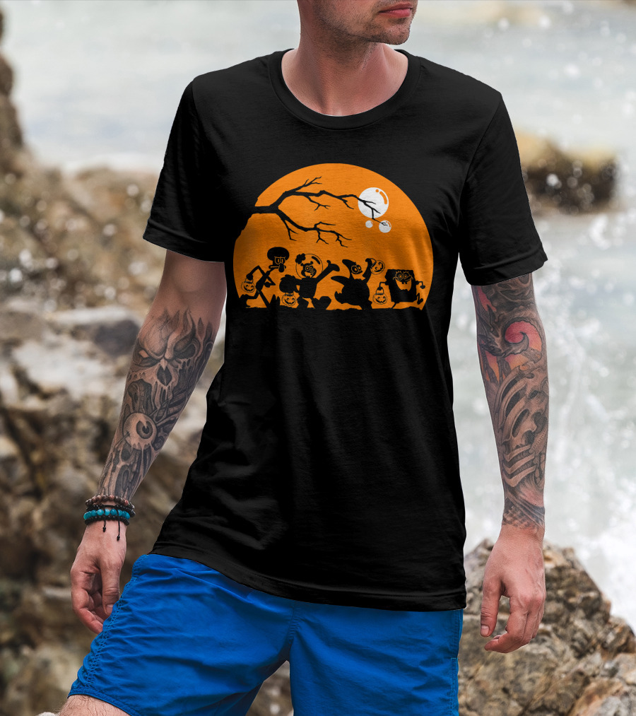 Spongebob Squarepants Halloween Group Silhouette Against Orange Moon T-Shirt