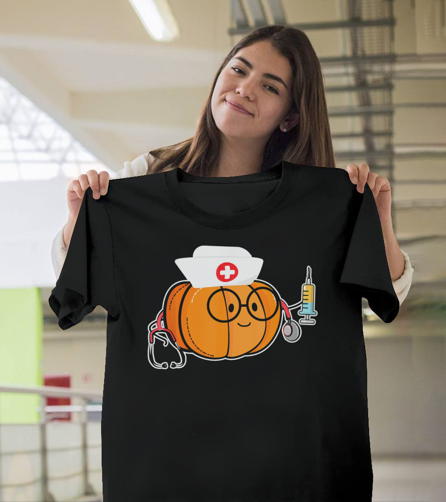 Nurse Halloween Pumpkin with Stethoscope and Syringe Smiling Face T-Shirt