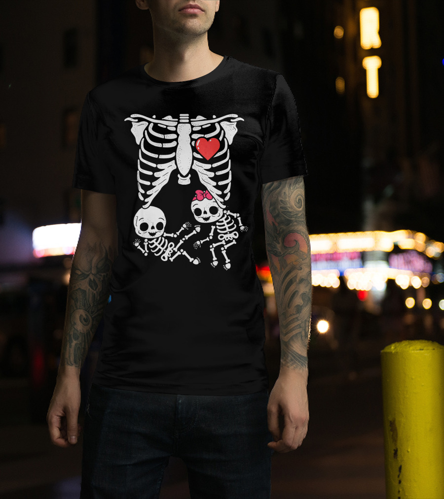 Skeleton Pregnancy Announcement With Baby Skeletons And Heart T-Shirt