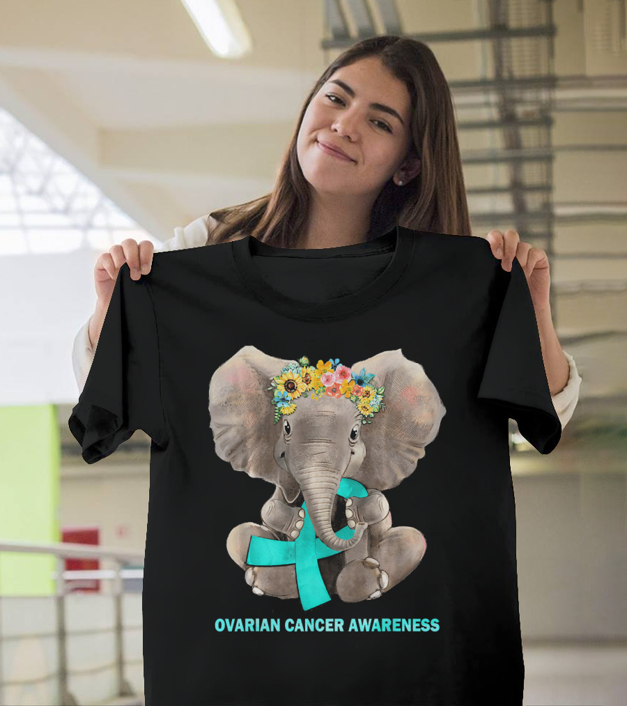 Hippie Elephant Holding Teal Ribbon Ovarian Cancer Awareness T-Shirt