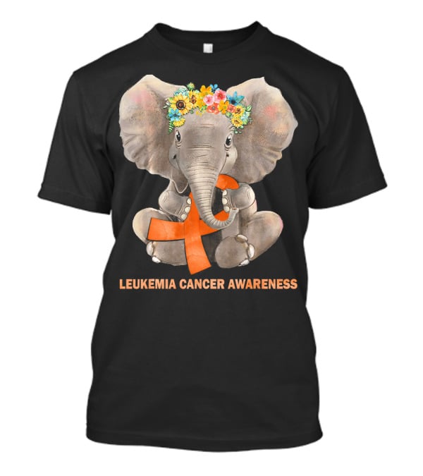 Hippie Elephant With Flower Crown Holding Orange Ribbon Leukemia Cancer Awareness T-Shirt