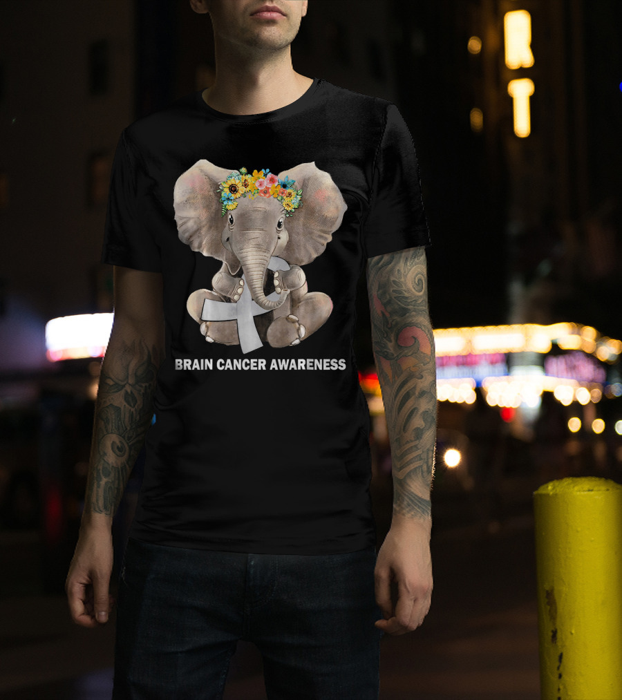 Hippie Elephant Holding Gray Ribbon Brain Cancer Awareness T-Shirt