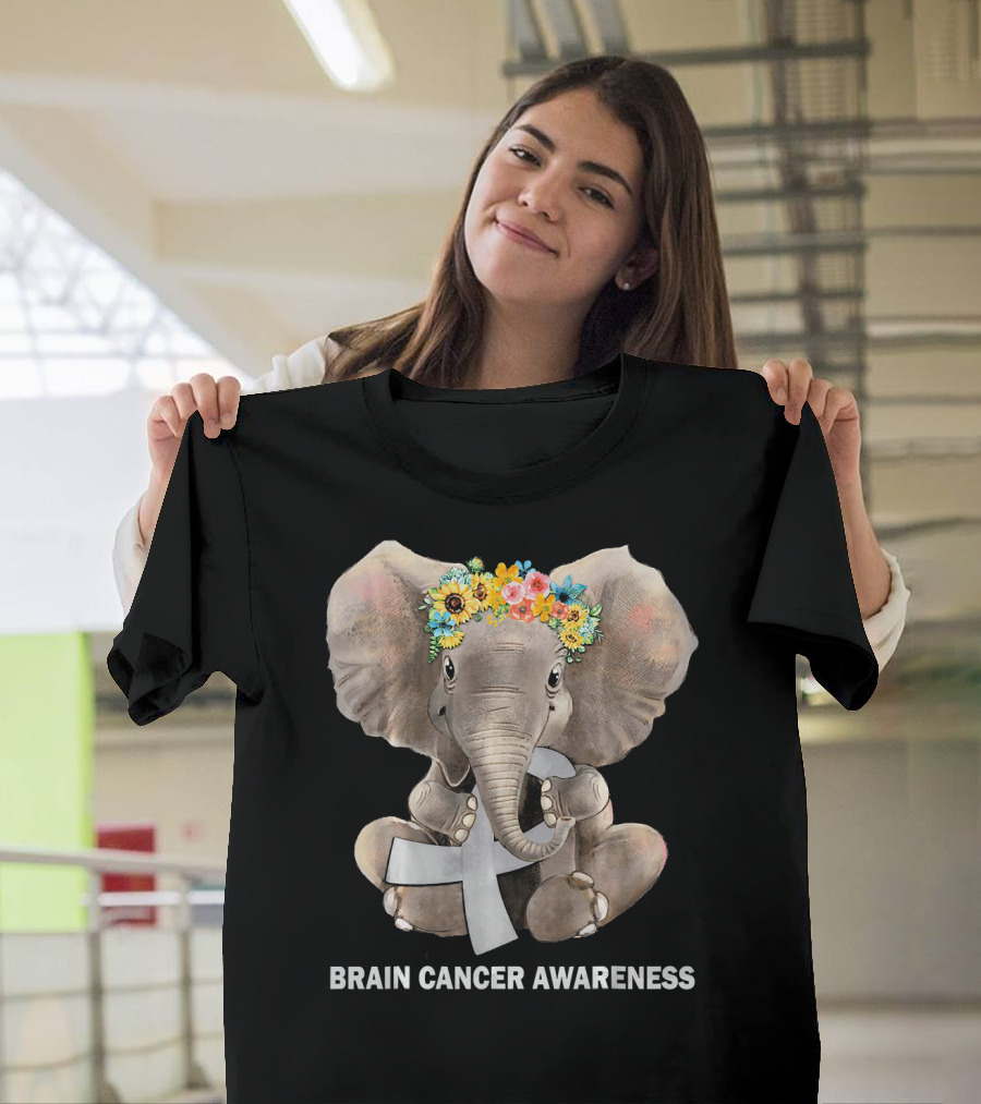 Hippie Elephant Holding Gray Ribbon Brain Cancer Awareness T-Shirt