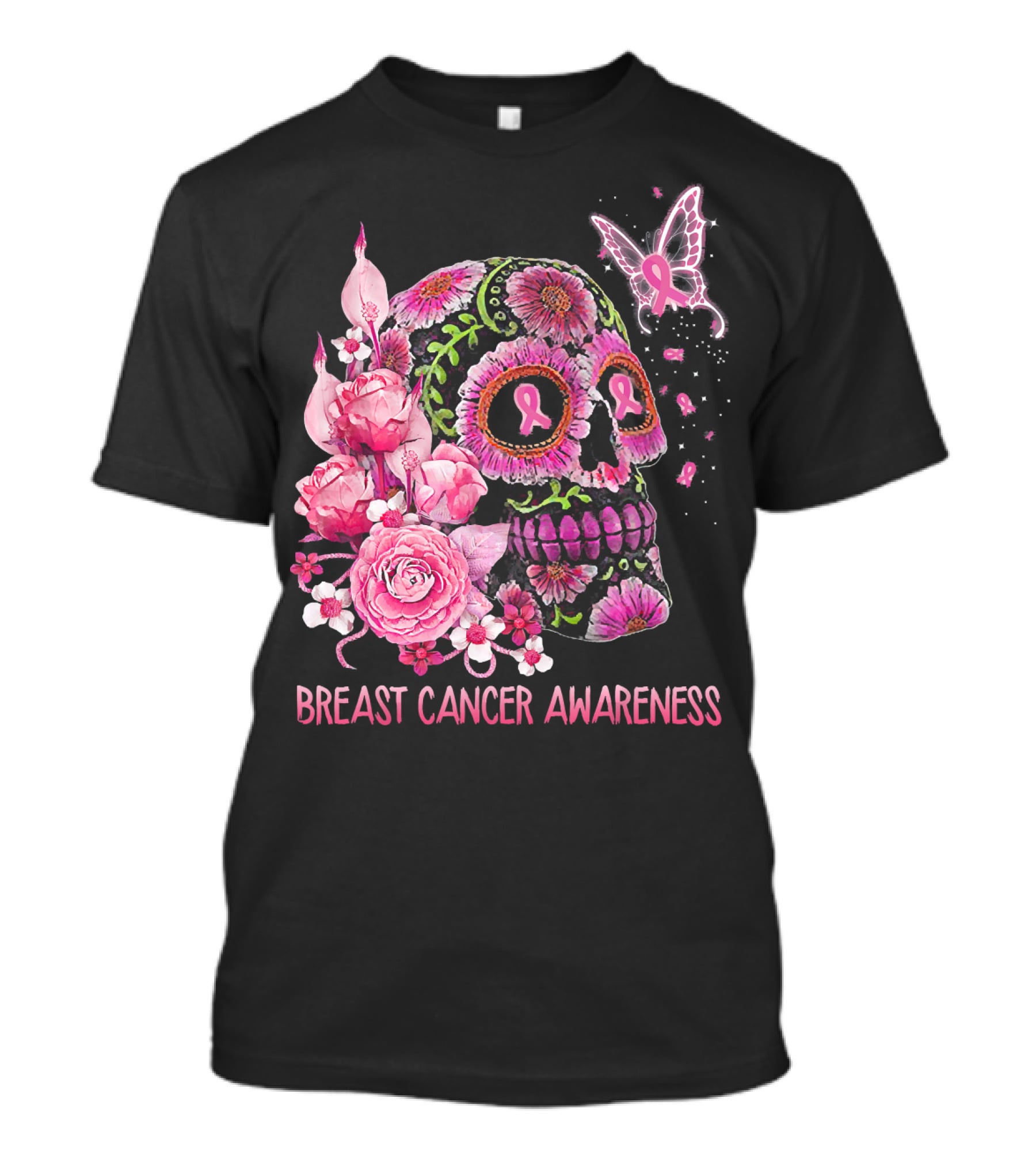 Skull Flower Breast Cancer Awareness Pink Ribbon Butterfly Roses T-Shirt