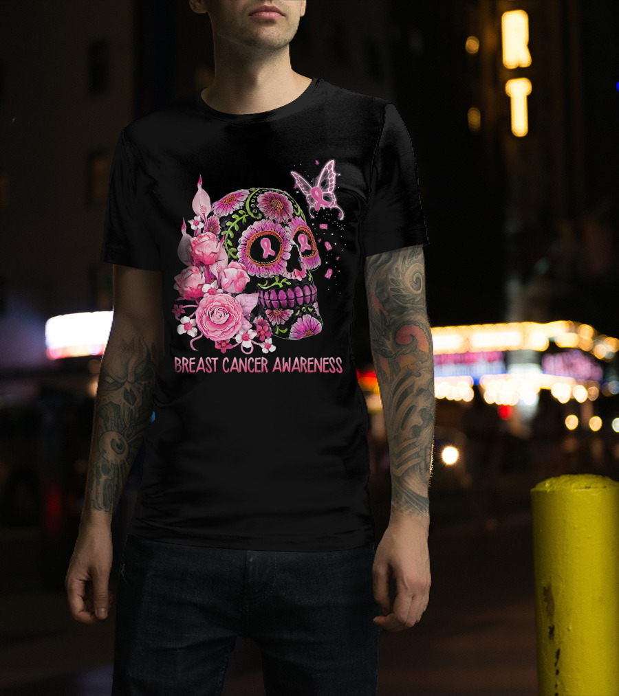 Skull Flower Breast Cancer Awareness Pink Ribbon Butterfly Roses T-Shirt