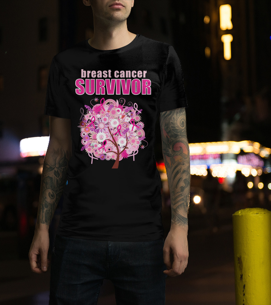 Breast Cancer Survivor Floral Pink Ribbon Tree T-Shirt
