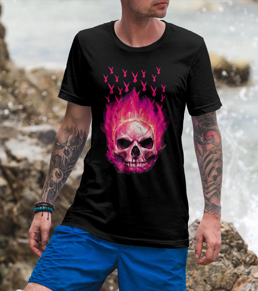 Halloween Skull Flaming Pink Ribbon Breast Cancer Awareness T-Shirt